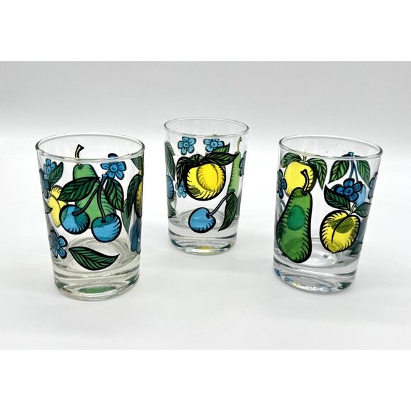 Vintage Stained Glass Juice Glasses Fruit Pattern set of 3 Pear Cherries Peach - Picture 3 of 5